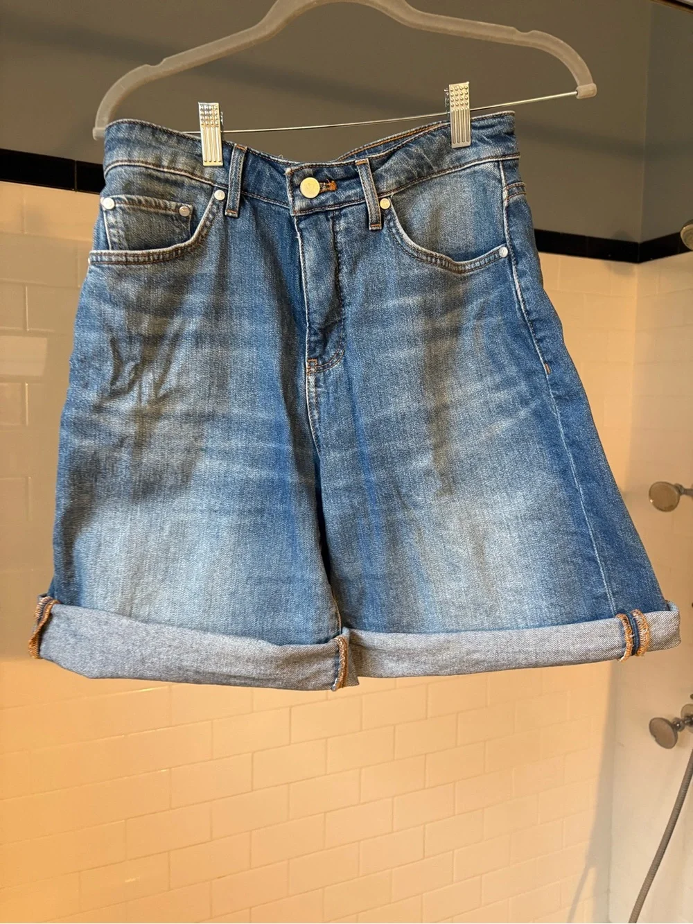 Knee length wide leg jean shorts